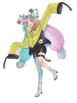  1girl alice_(plus392133645) arm_up bangs black_shorts boots character_hair_ornament commentary_request full_body green_hair grey_footwear hair_ornament high_heel_boots high_heels iono_(pokemon) jacket long_hair multicolored_hair pokemon pokemon_(game) pokemon_sv purple_hair sharp_teeth shirt shorts single_leg_pantyhose sleeves_past_fingers sleeves_past_wrists smile solo teeth thigh_strap twintails two-tone_hair violet_eyes white_shirt yellow_jacket 