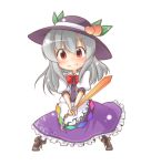  alternate_hair_color blush boots bowtie chibi dress food fruit hat hinanawi_tenshi long_hair peach purple_dress red_eyes silver_hair standing sword sword_of_hisou tobi_(artist) tobi_(nekomata_homara) touhou touhou_hisoutensoku weapon 