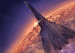  artist_request cloud clouds dusk flying henry_gilliam macross macross_frontier mecha planet saotome_alto sky sun vf-25 