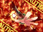  arm_cannon bow brown_hair caution evil_grin evil_smile eyes fang foreshortening grin hair_bow hands highres long_hair radiation_symbol red_eyes reiuji_utsuho smile solo touhou weapon wings 