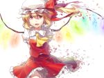  ascot blonde_hair bow dissolving fang flandre_scarlet glowing glowing_wings hat light_smile open_mouth red_eyes rella short_hair side_ponytail skirt skirt_set solo tears touhou wings 