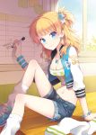  1girl bad_id bad_pixiv_id blonde_hair blue_eyes bracelet breasts casual cleavage crop_top denim denim_shorts earrings english jewelry marker midriff nardack navel necklace original pen shoes shorts side_ponytail sitting smile sneakers socks solo star towel tubetop wristband 