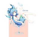  aya_mizu barefoot blue_eyes blue_hair bow character_name cirno cup cupping_glass hair_bow ice short_hair simple_background sitting solo spoon touhou wings 