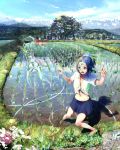  bad_id barefoot earth_girl_arjuna facial_mark farm flower forehead_mark front-tie_top legs midriff navel pleated_skirt ponytail rice_paddy ripples skirt sky spirit submerged tied_shirt zunga 