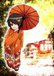  black_hair brown_eyes crab hairpiece japanese_clothes kimono kyeonjoo long_sleeves oriental_umbrella parasol sandals shrine smile solo tree umbrella wink 