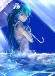  aqua_eyes aqua_hair flower hair_flower hair_ornament hatsune_miku long_hair smile solo teki teki_(kakari) twintails umbrella very_long_hair vocaloid water 