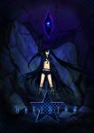  bikini_top black_hair black_rock_shooter black_rock_shooter_(character) blue_eyes boots chain coat crystal gloves glowing glowing_eyes highres rx. short_shorts shorts solo star twintails weapon 