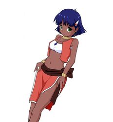  bob_cut bracelet dark_skin dutch_angle earrings fushigi_no_umi_no_nadia green_eyes hair_ornament hairclip healthy_(hiroshi_k) jewelry loincloth midriff nadia neck_ring necklace purple_hair short_hair simple_background tubetop vest 