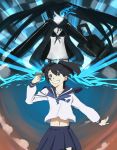  4chan bikini_top black_hair black_rock_shooter black_rock_shooter_(character) blue_eyes coat drawfag evoker glowing glowing_eyes gun_to_head kuroi_mato long_hair pale_skin parody persona persona_3 smile twintails weapon 