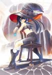  black_hair boots chair glass hat highres hirokiku long_hair original sitting sitting_backwards skirt smile solo twintails witch_hat 