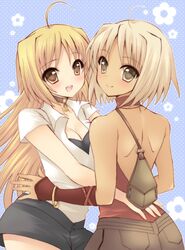  428 :d ahoge bare_shoulders blonde_hair blush bracelet breasts brown_eyes brown_hair canaan canaan_(character) choker cleavage dark_skin detached_sleeves from_behind hug jewelry long_hair looking_back multiple_girls oosawa_maria open_mouth pocopoco polka_dot short_hair shorts smile 