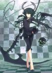  bangs black_rock_shooter chain checkered checkered_floor choker crossed_legs_(standing) dead_master garuku green_eyes highres horns light outstretched_hand scythe skull solo weapon 