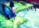  blue_eyes butterfly_wings cityscape cloud clouds fairy from_above grass hair_ribbon nishiki_koi original ribbon sky solo wings 