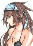  blue_eyes brown_hair cleavage collarbone devildogs goggles goggles_on_head hand_on_own_chest hand_to_chest highres long_hair original solo traditional_media 