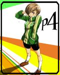  brown_eyes brown_hair buttons hand_behind_head jacket persona persona_4 satonaka_chie short_hair solo suta_furachina track_jacket wink 