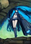  arm_cannon belt bikini_top black_hair black_rock_shooter black_rock_shooter_(character) blue_eyes boots coat glowing glowing_eyes highres long_hair pale_skin rx. scar shorts solo star twintails weapon 