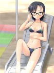  bad_id barefoot bikini black_hair brown_eyes fujimiya_yuu glasses lounge_chair short_hair solo swimsuit 
