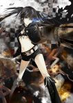  arm_cannon bad_id belt black_hair black_rock_shooter black_rock_shooter_(character) blue_eyes boots chain checkered checkered_background glowing glowing_eyes highres huge_weapon knee_boots long_hair midriff motion_blur nagata_ozu navel pale_skin scar shorts solo star twintails weapon 