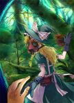  blonde_hair forest gas_mask gloves hands hat kirisame_marisa long_hair matilda matilda_(artist) nature outstretched_hand pov touhou tree witch_hat 