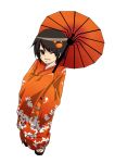 black_hair brown_eyes crab hair_ornament hairpiece japanese_clothes kimono kyeonjoo long_sleeves orange_(color) oriental_umbrella parasol sandals simple_background smile solo umbrella white_background wink 