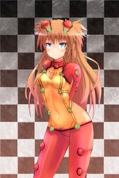  blush bodysuit brown_hair checkered checkered_background evangelion:_2.0_you_can_(not)_advance long_hair neon_genesis_evangelion plugsuit rebuild_of_evangelion shikinami_asuka_langley skin_tight solo souryuu_asuka_langley sumapan test_plugsuit 