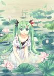 flower green_eyes green_hair hatsune_miku hxhrise kneeling lotus twintails vocaloid water white_dress world_is_mine_(vocaloid) 