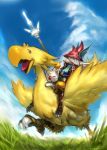  burmecian chocobo final_fantasy final_fantasy_ix freija_crescent freya_crescent hair_over_one_eye hat head_wings jintetsu moogle polearm riding spear talons weapon white_hair 