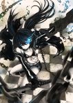  arm_cannon bikini_top black_hair black_rock_shooter black_rock_shooter_(character) blue_eyes boots chain coat flat_chest glowing glowing_eyes highres ks long_hair midriff navel pale_skin scar shorts solo sword twintails weapon 