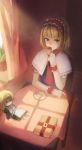  alice_margatroid blonde_hair book commentary cup doll lock raemz smile table teacup touhou weee weee_(raemz) window 