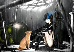  bikini_top black_hair black_rock_shooter black_rock_shooter_(character) blue_eyes boots bruise cat coat cuts glowing glowing_eyes highres injury long_hair pale_skin rain shorts sitting skill solo sword taka-shiro twintails weapon 