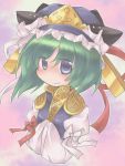  blue_eyes blush green_hair hat hitsubaru no_nose ribbon rod_of_remorse ruffles shikieiki_yamaxanadu short_hair smile solo touhou 