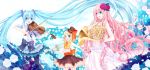  aqua_eyes aqua_hair blonde_hair bowtie dress flower french_horn hair_flower hair_ornament hairpin hat hatsune_miku highres instrument jpeg_artifacts kagamine_rin koto_(colorcube) long_hair megurine_luka multiple_girls open_mouth pink_hair ribbon rose smile top_hat trumpet twintails violin vocaloid white_rose 