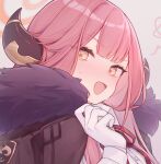  1girl aru_(blue_archive) bangs blue_archive blush breasts brown_eyes coat eta fur-trimmed_coat fur_trim gloves grey_background halo horns long_hair long_sleeves looking_at_viewer medium_breasts neck_ribbon open_mouth pink_hair red_ribbon ribbon shirt simple_background solo squiggle sweat upper_body white_gloves white_shirt 