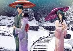  couple japanese_clothes kara_no_kyoukai kimono kokutou_azaka kokutou_mikiya long_hair oriental_umbrella ryougi_shiki short_hair snow umbrella winter yonomori_mayu 