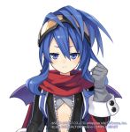  bat_wings bikesuit blue_eyes blue_hair choujigen_game_neptune face gloves goggles goggles_on_head idea_factory lowres nippon_ichi_(choujigen_game_neptune) official_art red_scarf scarf simple_background tsunako unzipped wings zipper 