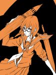  glasses holding iro_marimo long_hair long_sleeves murasaki_heizu nib_pen_(object) orange orange_(color) original pen school_uniform serafuku sleeves_pushed_up solo twin_braids 