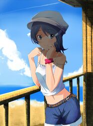  belt black_hair blue_eyes camisole hair_ornament hairclip hat highres idolmaster midriff mizutani_eri navel ocean seven_(harida) shadow short_hair shorts solo spaghetti_strap wristband 