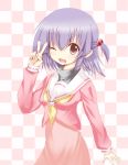  brown_eyes hayate_no_gotoku! mayumizu purple_hair school_uniform segawa_izumi serafuku short_hair twintails v wink 