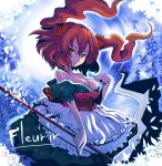  bare_shoulders breasts cleavage floating_hair hair_bobbles hair_ornament obi off_shoulder onozuka_komachi red_eyes red_hair redhead ryuno scythe short_hair solo touhou twintails 