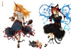 animal_ears blonde_hair braid cat_ears cat_tail cuffs dizzy geta gourd guilty_gear hair_ribbon highres hitodama horn horns hoshiguma_yuugi kaenbyou_rin long_hair long_skirt multiple_girls multiple_tails potemkin_(guilty_gear) red_eyes red_hair redhead ribbon sandals skirt skull tail touhou twin_braids twintails yuukou