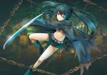  bad_id black_hair black_rock_shooter black_rock_shooter_(character) blue_eyes boots chain checkered coat gloves glowing glowing_eyes highres michii_yuuki midriff navel scar shorts solo sword twintails weapon 