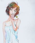  carlos_(artist) carlos_toshiki chemise collarbone dress face finger_to_mouth flower green_eyes hands highres original short_hair solo traditional_media 
