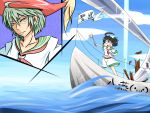  :3 ahoge alternate_hair_color amakan! black_ahir boat destruction flag glint green_eyes green_hair hand_on_hip hat highres ladle murasa_minamitsu o_o ocean pirate_hat sailor_collar sailor_hat sailor_suit serious short_hair touhou water wind_lift 