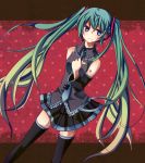  blue_eyes detached_sleeves gradient_hair green_hair hand_on_chest hand_on_own_chest hatsune_miku headset long_hair meisato multicolored_hair necktie skirt solo thigh-highs thighhighs twintails very_long_hair vocaloid 