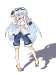  blue_hair blush daikon_(suika) gloves goggles goggles_on_head original sandals shorts simple_background solo wink 