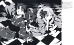  absurdres barefoot drill_hair fate/hollow_ataraxia fate/stay_night fate_(series) grayscale greyscale hair_ribbon highres japanese_clothes kimono luviagelita_edelfelt lying monochrome multiple_girls ribbon ringlets sitting smile takeuchi_takashi toosaka_rin twintails type-moon 