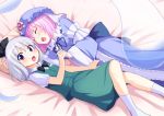  :o bed closed_eyes hairband hand_behind_head hat holding_hands interlocked_fingers konpaku_youmu konpaku_youmu_(ghost) lying mirino multiple_girls open_mouth pink_hair revision saigyouji_yuyuko short_hair silver_hair smile touhou wide-eyed yuri 