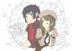  1boy 1girl blue_eyes blue_hair braid brown_hair coat commentary couple flower hat original raemz scarf smile twin_braids weee weee_(raemz) wink 