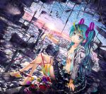  aqua_hair architecture barefoot dutch_angle feet flower glycyrrhizae hatsune_miku jewelry necklace open_clothes open_shirt scenery shirt sunset twintails vocaloid 