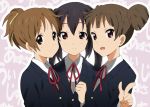  black_hair brown_eyes brown_hair foreshortening hirasawa_ui k-on! long_hair multiple_girls nakano_azusa pointing school_uniform short_hair suzuki_jun twintails yamasaki_wataru 